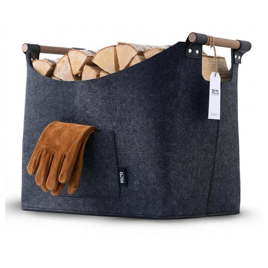 PyroProducts houtmand vilt 60 liter gevuld met haardhout, met leren handschoen in het zijvak